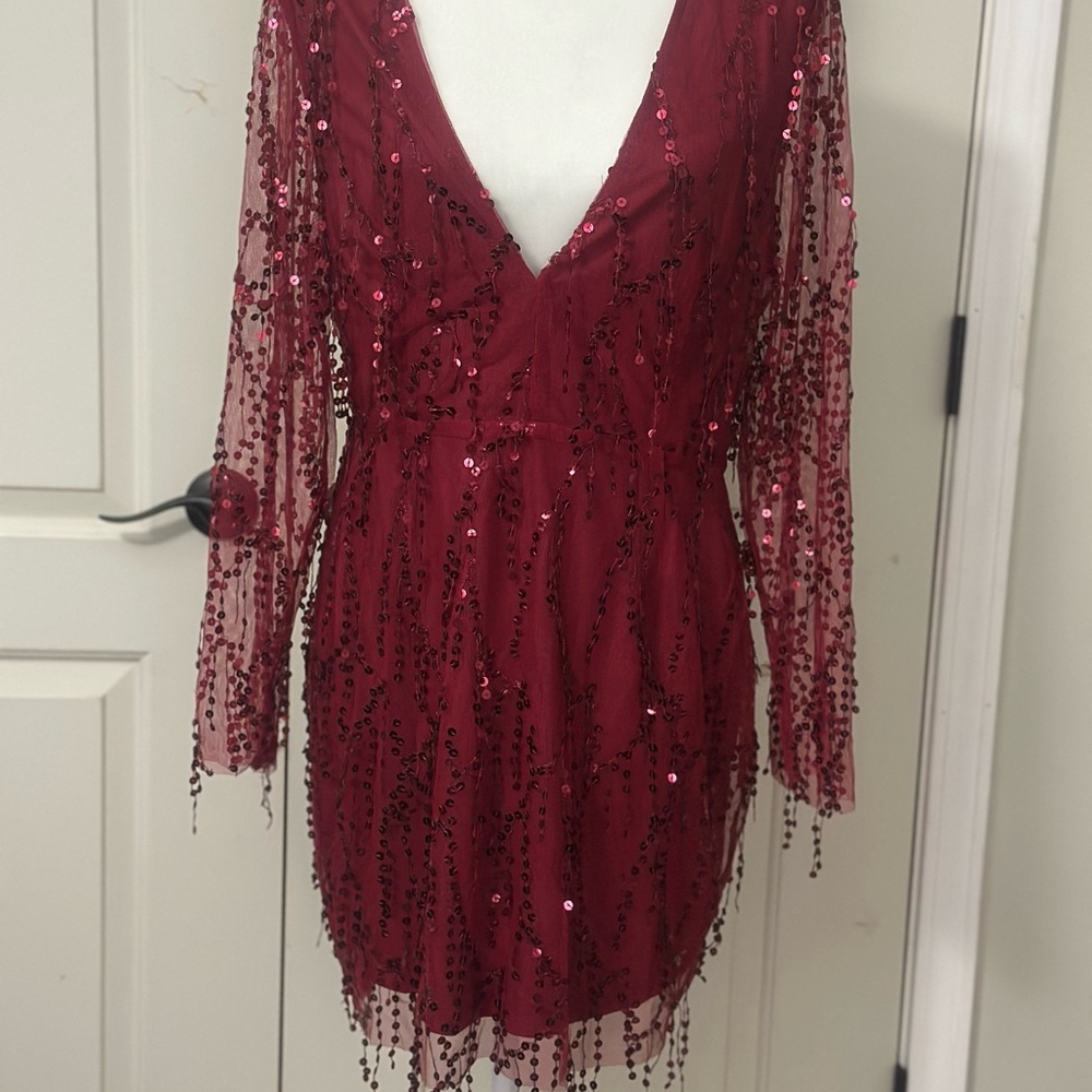 Glamorous Burgundy Sequin Long Sleeve Dress